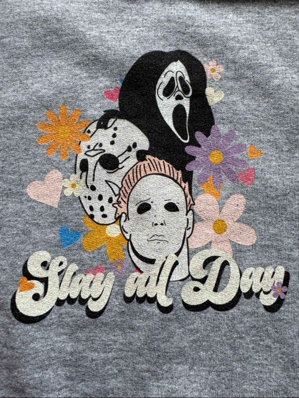 Jerzees Grey Graphic 'Slay All Day' Horror Mask Crewneck Sweatshirt.  Size small